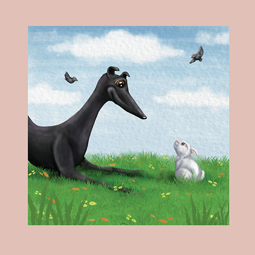 Lonely Longnose the black greyhound looking at a white rabbit